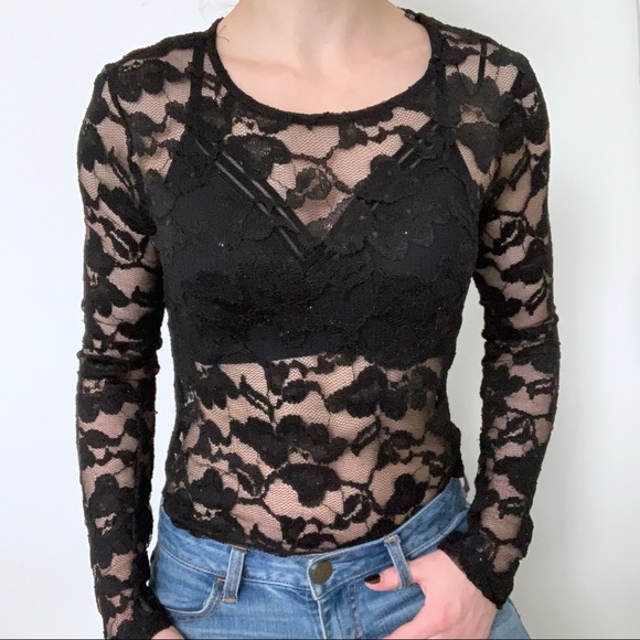 Forever 21 Tops - Forever21 black floral lace mesh long sleeve Y2K Katherine Pierce Whimsigoth TVD